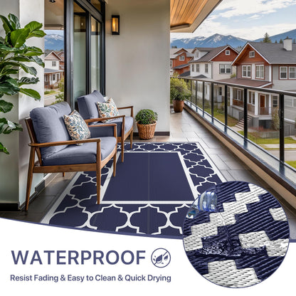 Blue and White Reversible Outdoor Rug, 5x8