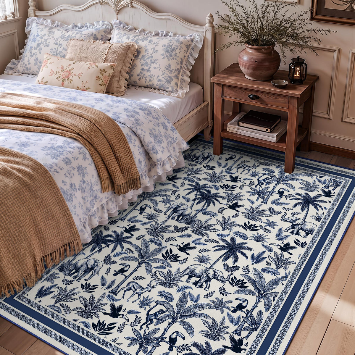 Washable French Toile Area Rug
