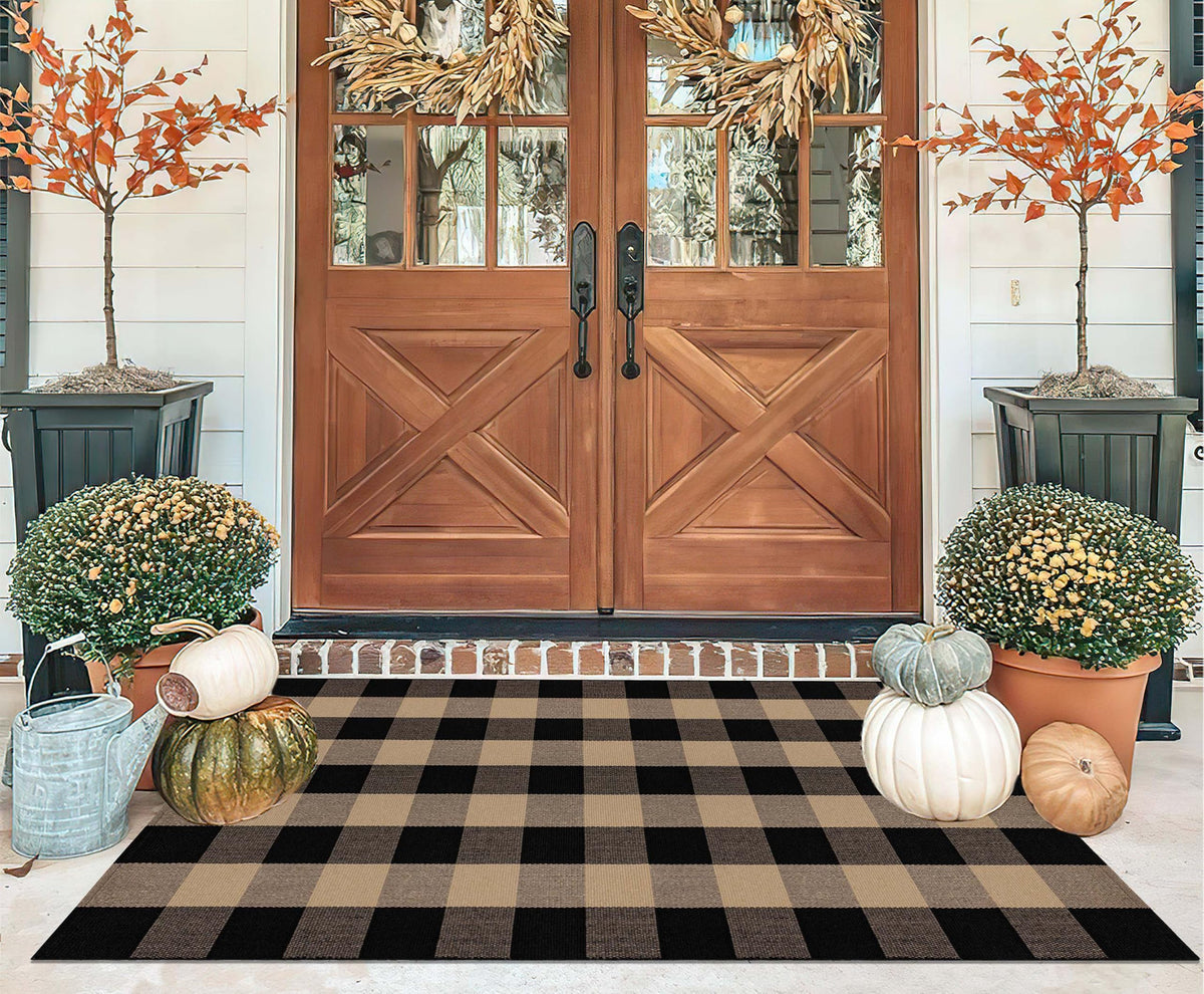 Light Blue Buffalo Plaid Cotton Door Mat, 24x35
