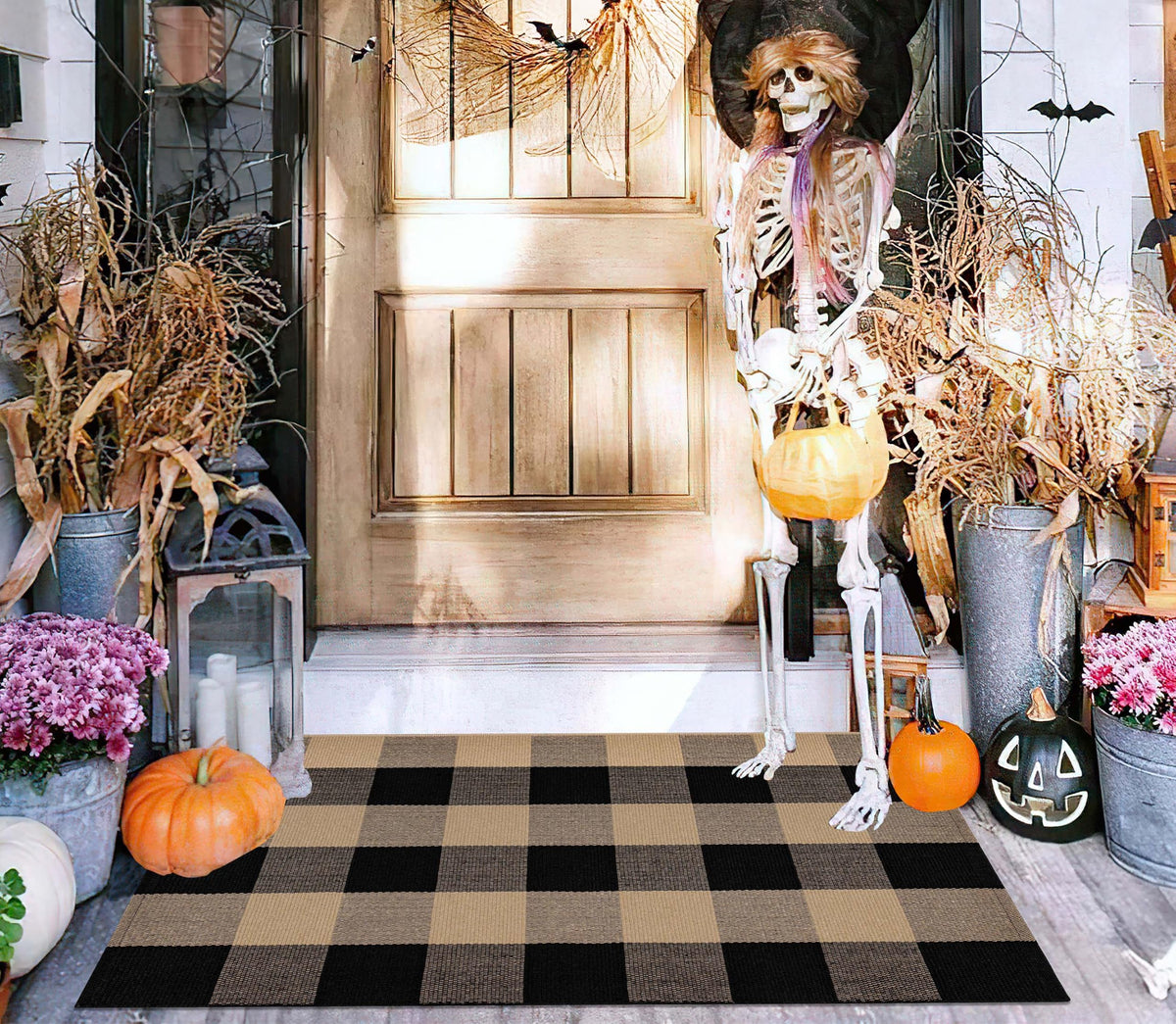 Light Blue Buffalo Plaid Cotton Door Mat, 24x35