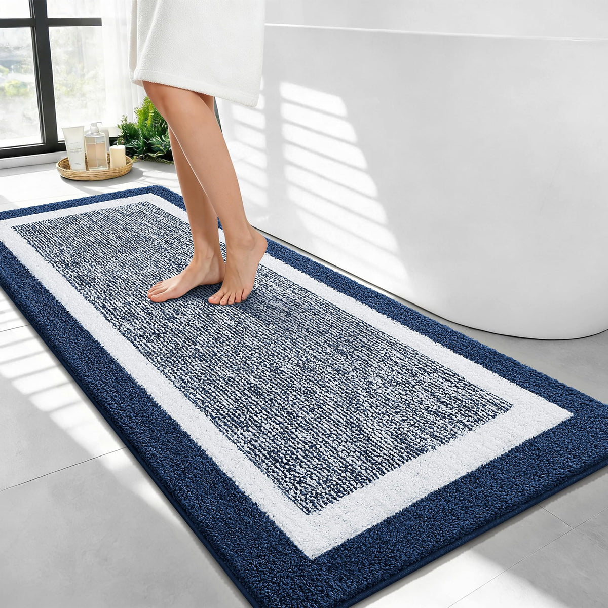 Navy and White Microfiber Bath Rug, 36 x 24
