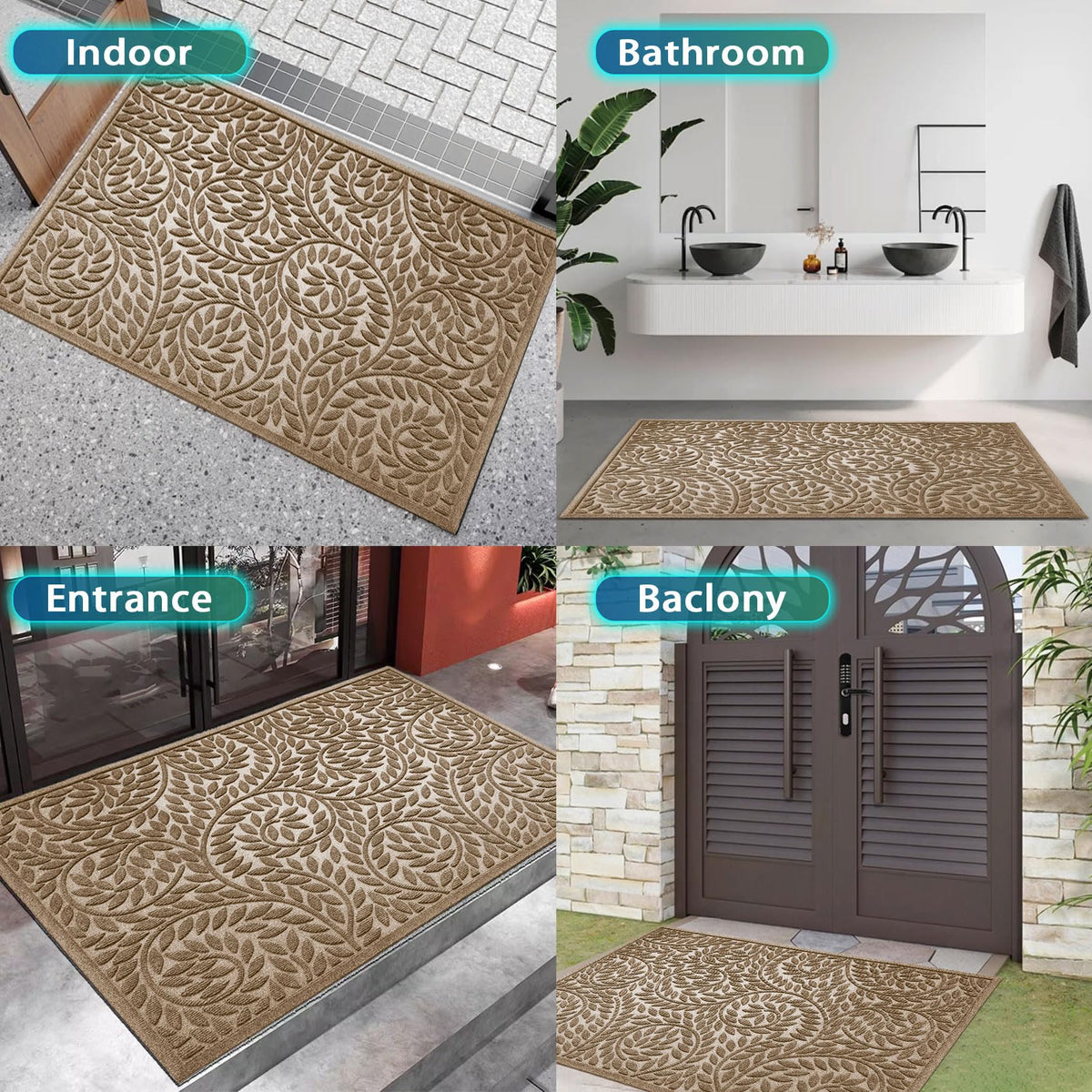 Blue Leaf Front Door Mat, Non-Slip Rubber
