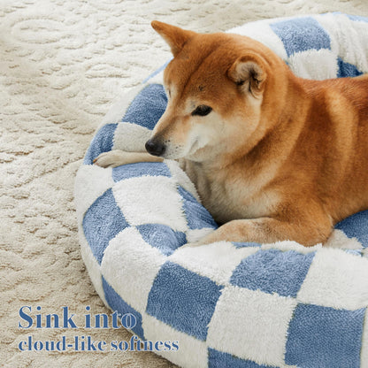 Blue Checkered Round Dog Bed