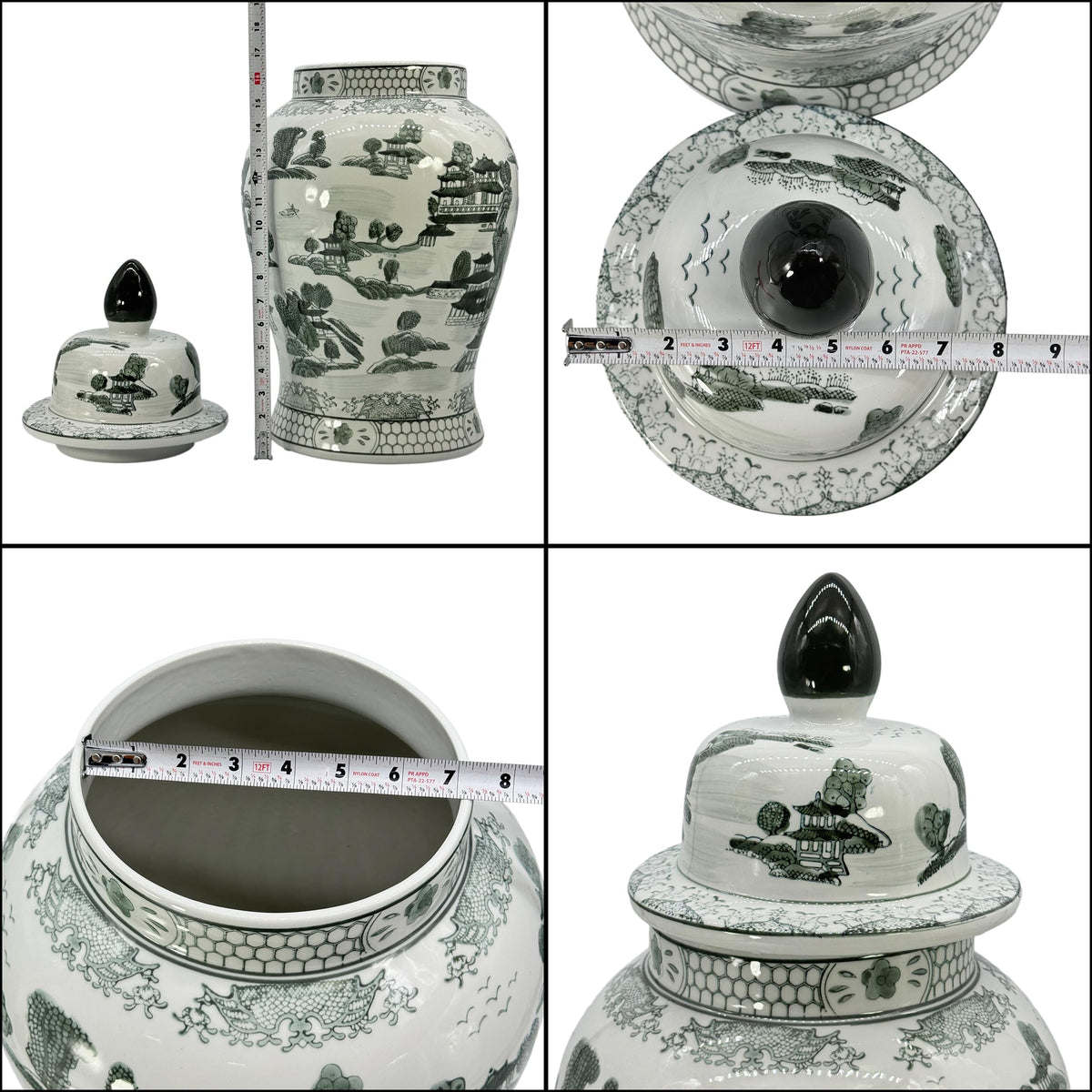 Large 25 Inch Blue and White Chinoiserie Temple Jar