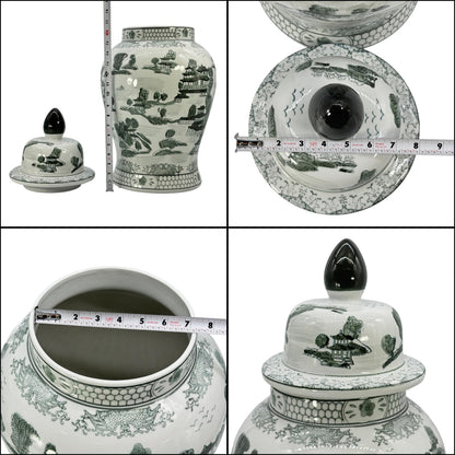 Large 25 Inch Blue and White Chinoiserie Temple Jar