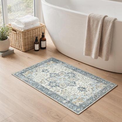 Blue Floral Boho Bath Mat, 24 x 17