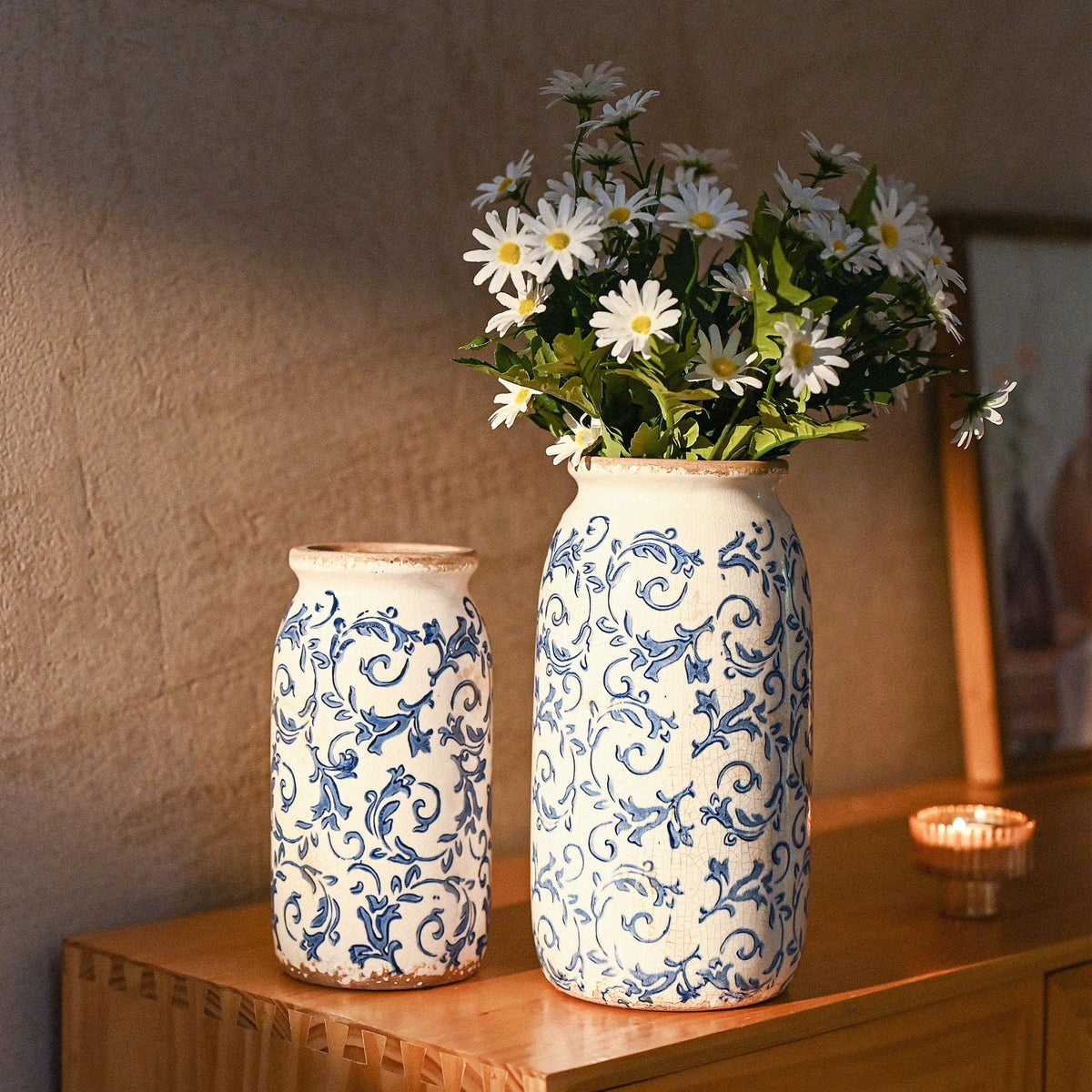 Victor & Teresa Rustic Blue and White Vase, 8"